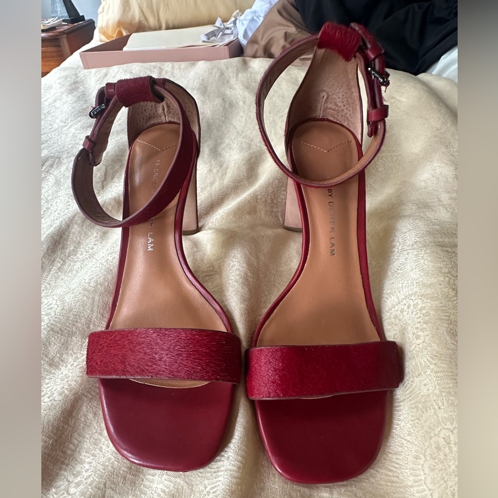 10 Crosby Derek Lam Red Faux Fur Heels